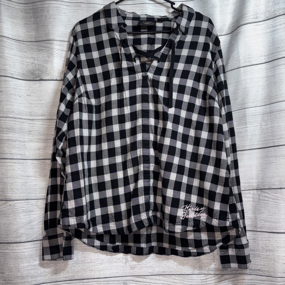 Harley-Davidson‎ Womens 2XL Script Front Laced Front Plaid Flannel Shirt